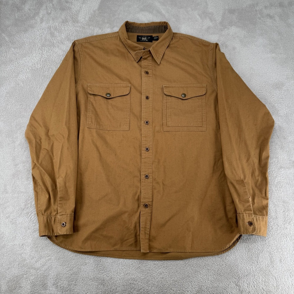 RRL Ralph Lauren Mens XL Brown Canvas Work Shirt Preowned Long Sleeve Cotton